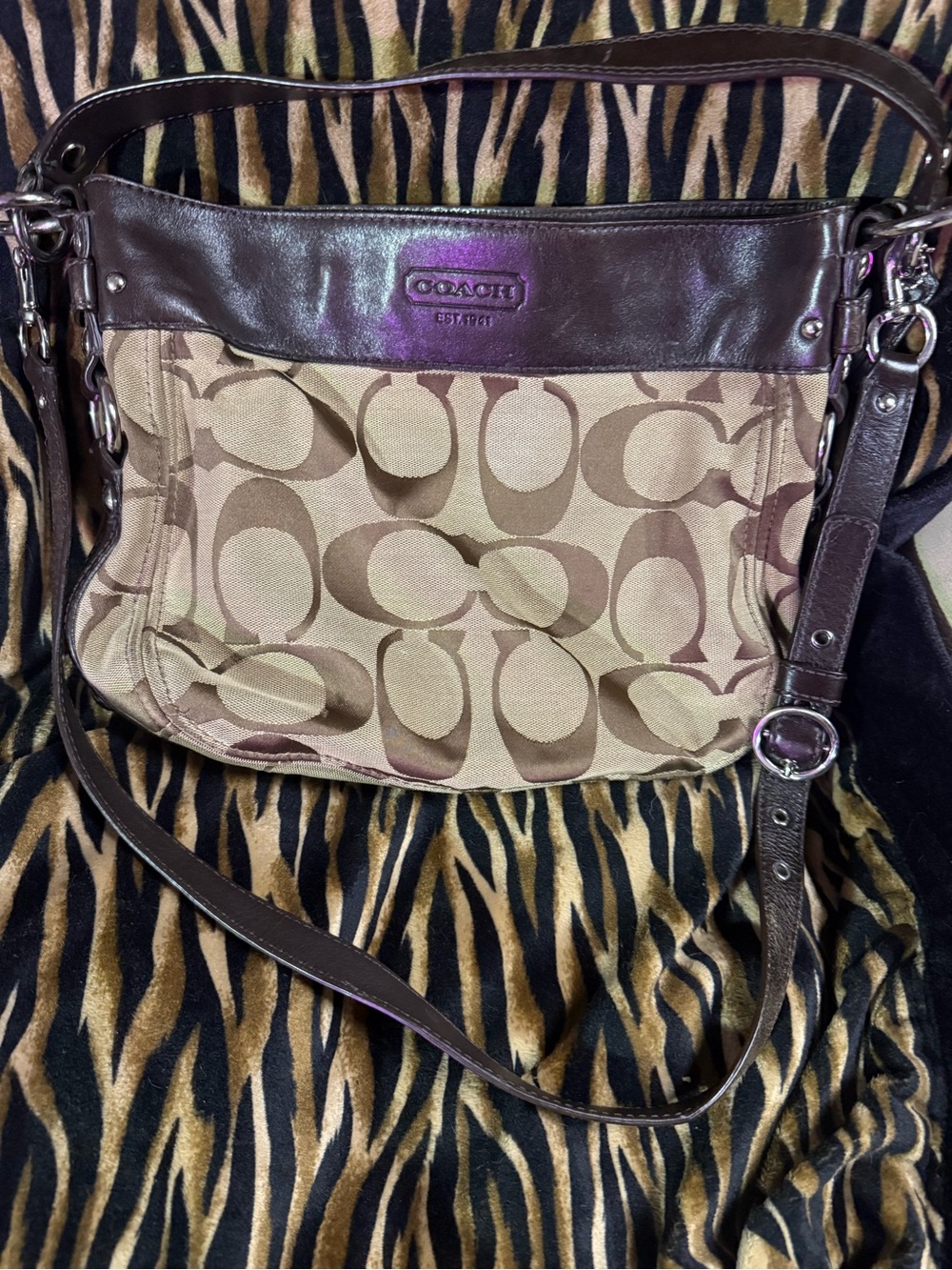 Coach Beige and Brown Signature Canvas Shoulder Bag